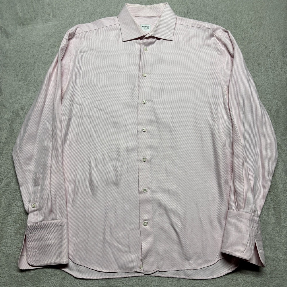 Armani Collezioni Button Down Dress Shirt Pink Striped Textured Mens L 41/16